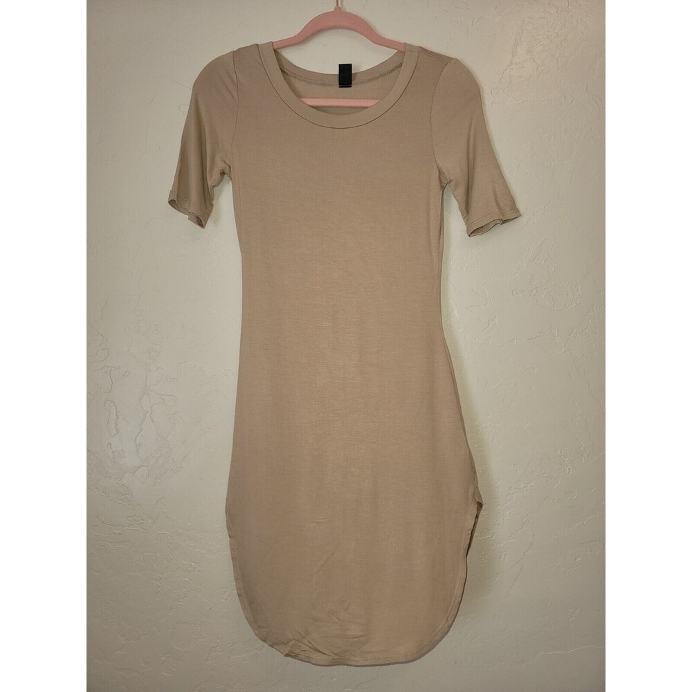 New JL Womens S Mini T-Shirt Dress Beige Round Neck Casual Soft Comfy 1/2 Sleeve